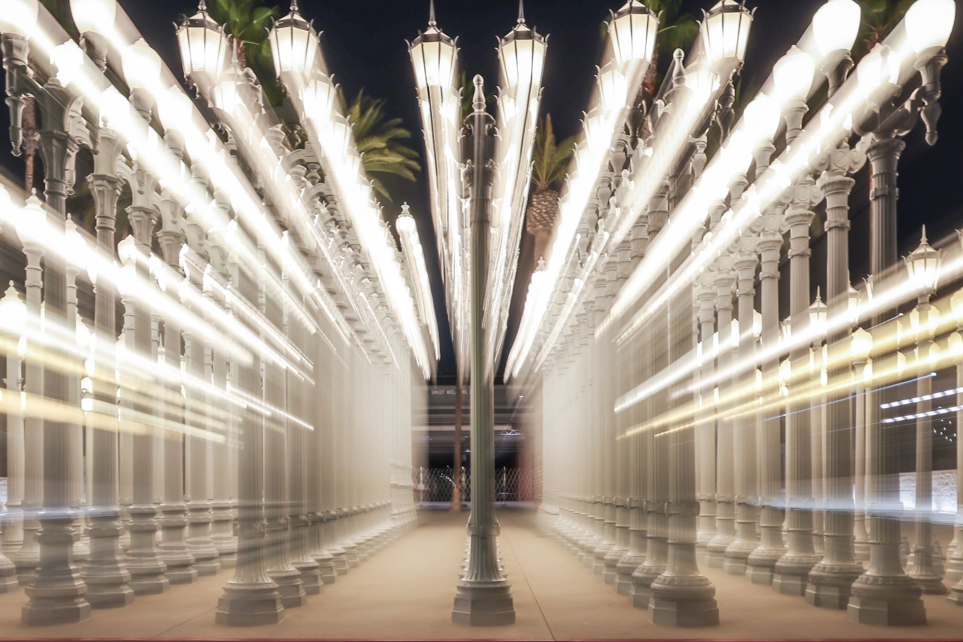 dynamic urban light installation at night